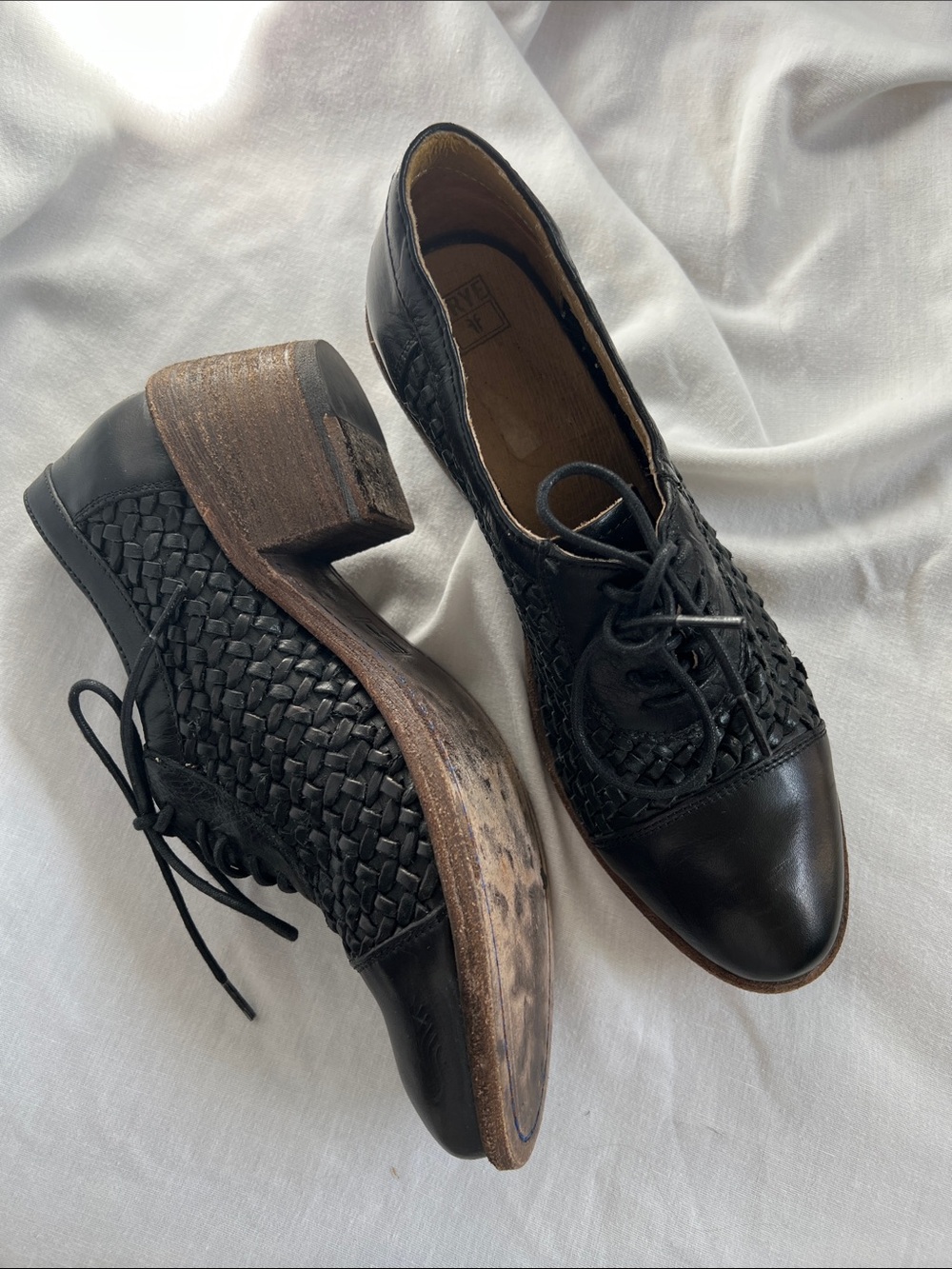 Frye Black Woven Leather Lace-Up Block Heel Booties